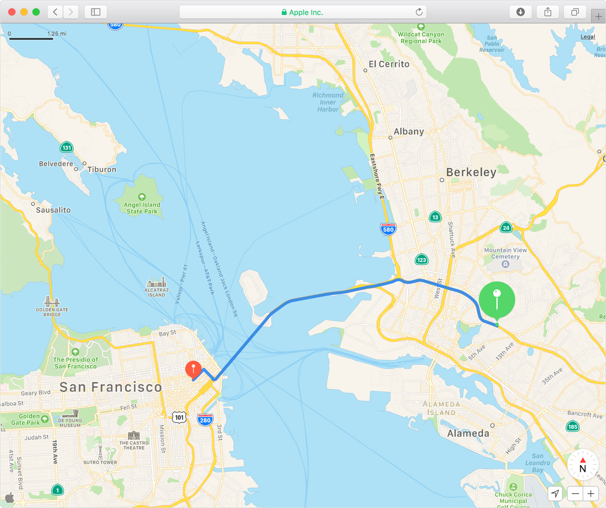Screenshot of Safari showing an Apple MapKit JS example. The map displays a route in San Francisco, USA.